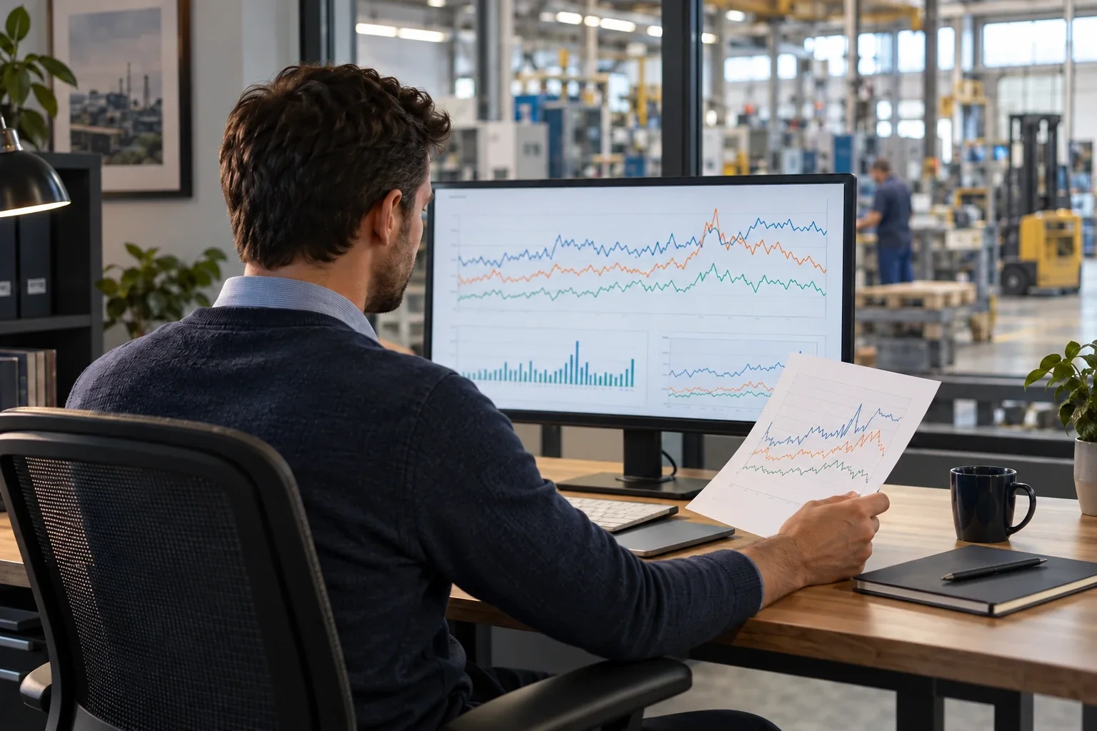 An analyst reviews consumption data overlooking a production facility