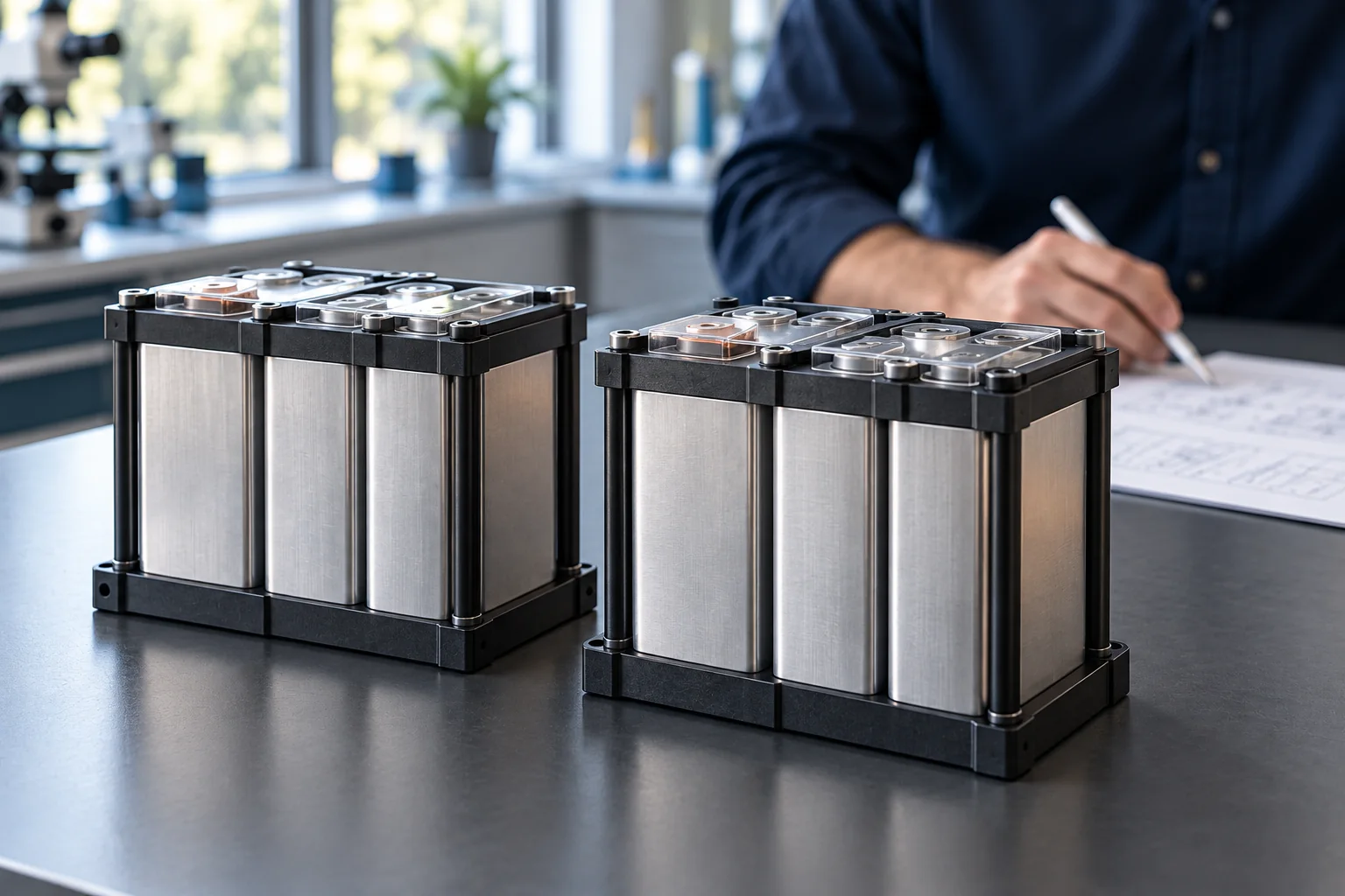 Battery modules being compared on an engineering workbench
