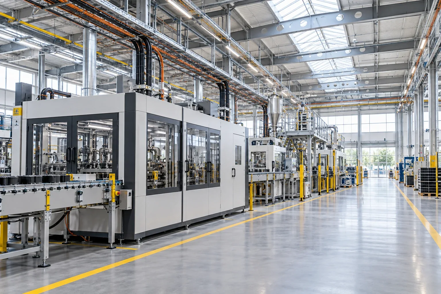 A production hall with machinery and overhead cable trays