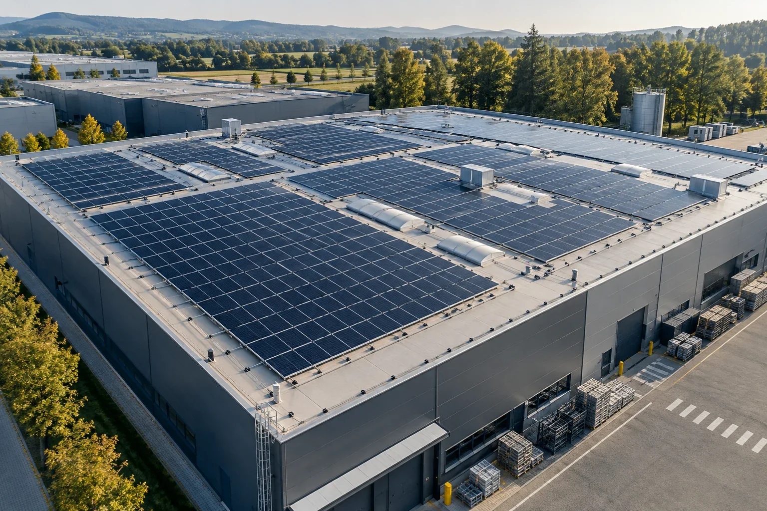 Solar panels on an industrial building roof