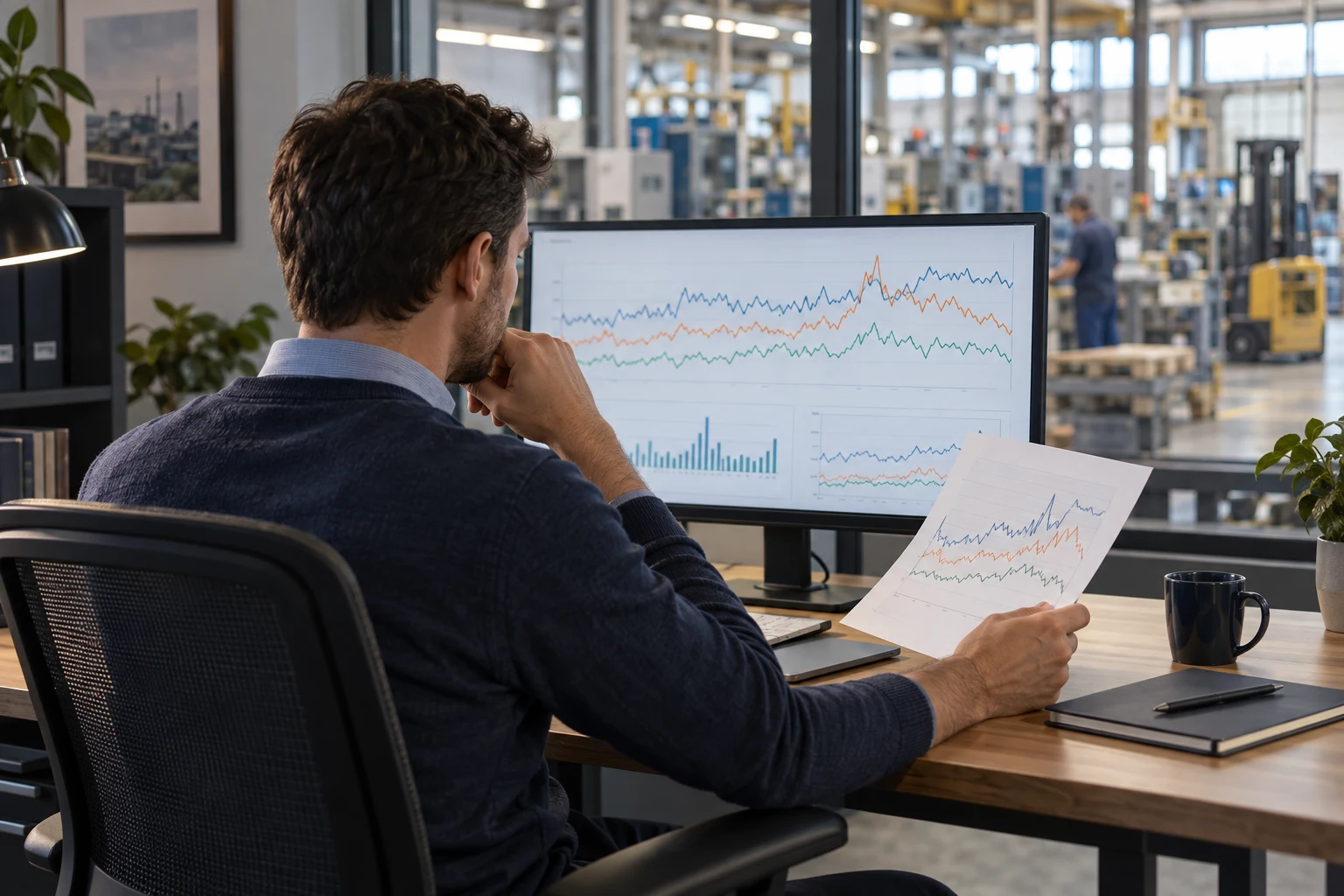 An analyst reviews consumption data overlooking a production facility