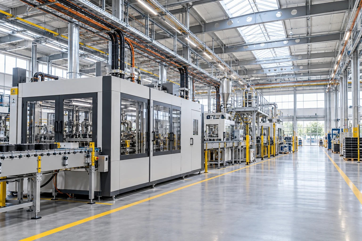 A production hall with machinery and overhead cable trays