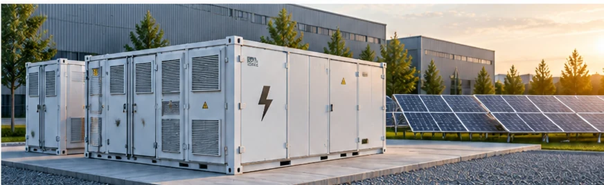 Battery storage alongside solar panels and an industrial facility