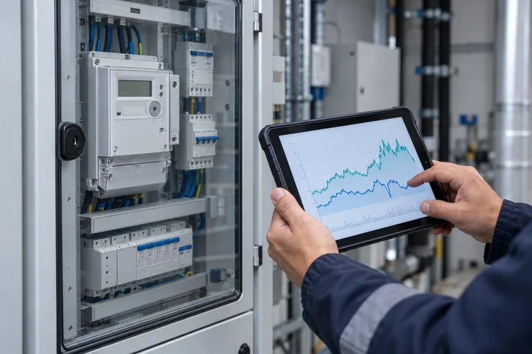 Reviewing energy data beside an industrial metering cabinet