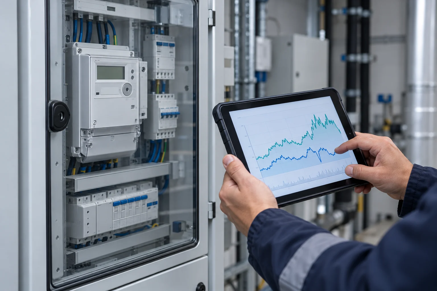 Reviewing energy data beside an industrial metering cabinet