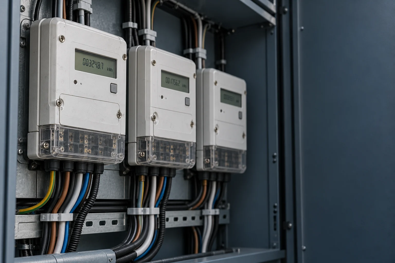 Illustration of electricity meters inside an industrial metering cabinet